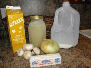 The basic ingredients for Cream of Mushroom Soup- things I keep on hand at all times.